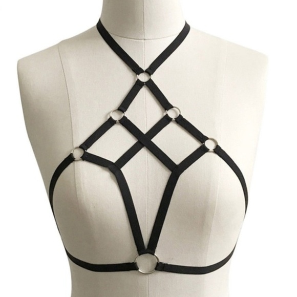 Black Strappy Harness Cage Bra Bralette O/S - Picture 2 of 6